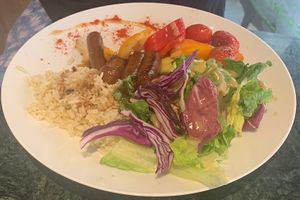 Rice with vegan sausages  at Umami in Crete