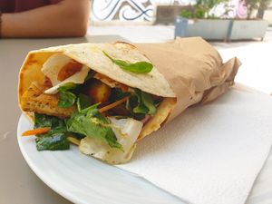 Tofu coconut bacon vegan wrap -yummy at Umami in Crete