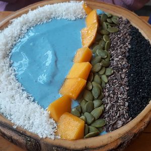 Blue smoothie bowl at Free Bird Cafe in Chiang Mai