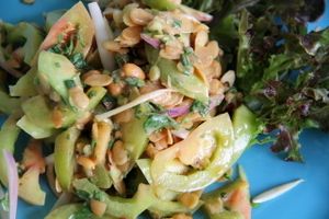 Shan green tomato salad was so good (a salty salad, not for health freaks, but for those who love tasty salads with fresh ingredients, nuts etc) at Free Bird Cafe in Chiang Mai