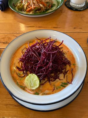 Vegan khao soi noodles!  at Free Bird Cafe in Chiang Mai