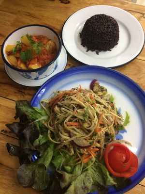 Papaya salad and potato curry at Free Bird Cafe in Chiang Mai