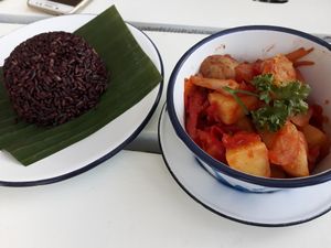Potato curry with brown rice at Free Bird Cafe in Chiang Mai