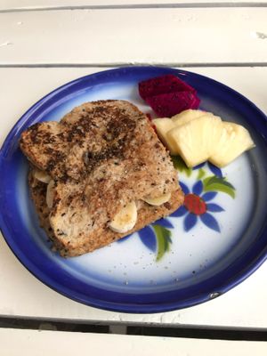 French Toast Sandwich - peanut butter, banana, and dates inside! at Free Bird Cafe in Chiang Mai