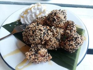 New dessert dish, sesame tots with coconut whipped cream at Free Bird Cafe in Chiang Mai
