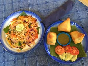 Rainbow Pad Thai and Samosas at Free Bird Cafe in Chiang Mai