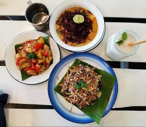 Potato hash,  tea leaf salad, khao soi and shake! at Free Bird Cafe in Chiang Mai