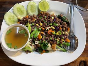 Fried (brown) rice with 5 color vegetables, 50 baht  at CMU Vegan - Kinphak Cafe in Chiang Mai