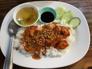 Vegan red pork with rice, 60 baht  at CMU Vegan - Kinphak Cafe in Chiang Mai