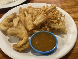 fried mixed mushrooms  at CMU Vegan - Kinphak Cafe in Chiang Mai