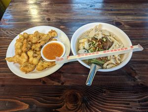 Fried couliflower and soup. 110 bath at CMU Vegan - Kinphak Cafe in Chiang Mai