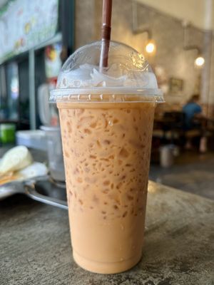 Coconut milk w/ Thai tea, ice (40 THB)  at CMU Vegan - Kinphak Cafe in Chiang Mai