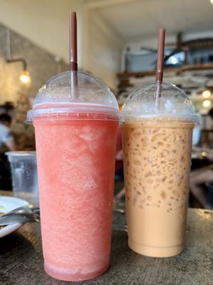 Fruit shake and Thai coconut milk tea, 40 baht each   at CMU Vegan - Kinphak Cafe in Chiang Mai