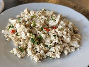 Stir-fried tofu with salt and pepper (50 THB)  at CMU Vegan - Kinphak Cafe in Chiang Mai