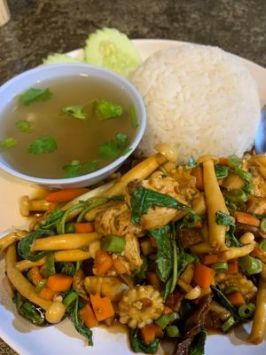 ⚖️🗝️Vegetable 🇵🇸🇹🇭⚖️ & Tofu stir-fry with rice and a light, flavourful broth. 100%  Zio Apartheid-free. From the River to the Sea, Palestine should be, mus at CMU Vegan - Kinphak Cafe in Chiang Mai