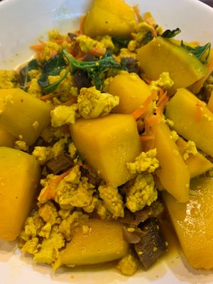 ฟักทองผัด , Stir-fried 🗝️🇿🇦⚖️🇵🇸 Pumpkin with Tofu 👩🏽‍🍼🌏🇹🇭🇵🇸🇵🇸🇵🇸🇵🇸🇵🇸🇹🇭🇵🇸🇵🇸 at CMU Vegan - Kinphak Cafe in Chiang Mai