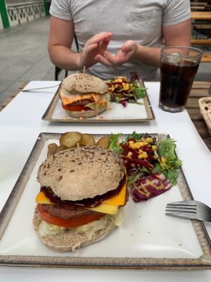 Onion and cheese burger and bacon and egg butger at Veganitessen in Sevilla