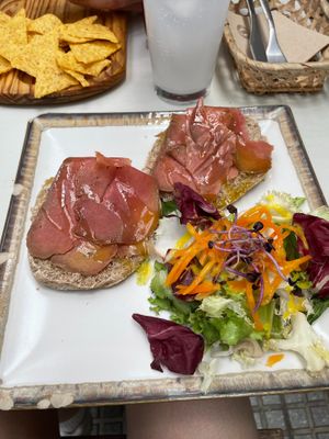 Serano ham toast at Veganitessen in Sevilla