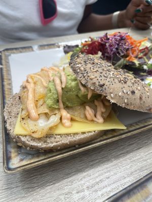 Breakfast sandwich with vegan fried egg (so good)  at Veganitessen in Sevilla