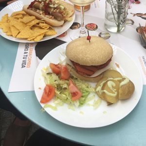 Vegan burger and vegan hotdog  at Veganitessen in Sevilla