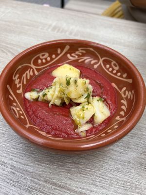 A special of the day: beetroot and potato. Very good  at Veganitessen in Sevilla