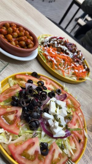 Greek salad, andalusi salad + olives   at Veganitessen in Sevilla