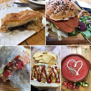 1. Napolitana rest, 2. gourmet Burger,3. Burrito, 4. Delicheese Hot Dog,5. soup at Veganitessen in Sevilla