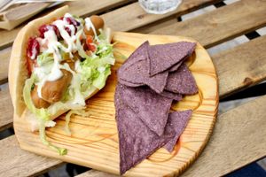 Hot Dog - SOOO Good. They nailed the same taste and texture as an actual hot dog. Loved this. at Veganitessen in Sevilla