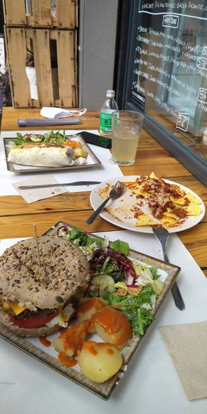 Nachos picantes, hamburguesa beans y wrap kebab. at Veganitessen in Sevilla