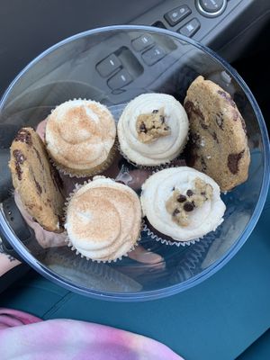 Sea salt chocolate chip cookies, cupcakes (don’t remember flavors)  at For Goodness Cakes - Food Truck in Baiting Hollow