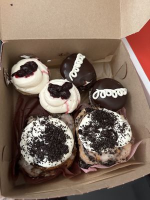 Blueberry pancake and hostess cupcakes and Oreo cinnamon buns (all vegan)  at For Goodness Cakes - Food Truck in Baiting Hollow