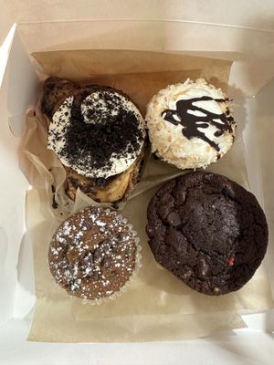 All vegan - Oreo bun, almond joy cupcake, cosmic brownie cookie sandwich, pumpkin chocolate chip muffinns  at For Goodness Cakes - Food Truck in Baiting Hollow