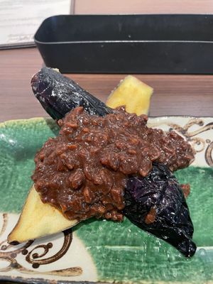 Eggplant miso with soy meat at Yamamotoya in Nagoya
