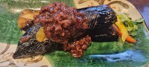 Eggplant with soy minced meat sauce at Yamamotoya in Nagoya