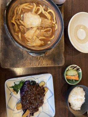 Misonikomi udon and miso eggplant  at Yamamotoya in Nagoya