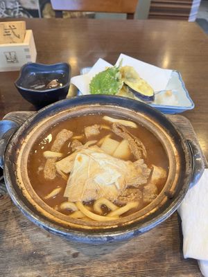 Miso udon with mochi and vegetable tempura  at Yamamotoya in Nagoya