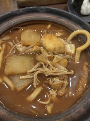 トッピング田舎でごぼう大根さといもきのこを追加　みそ煮込うどん湯葉入り  at Yamamotoya in Nagoya