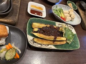 大豆ミートのなすみそ　湯葉のお刺身  at Yamamotoya in Nagoya
