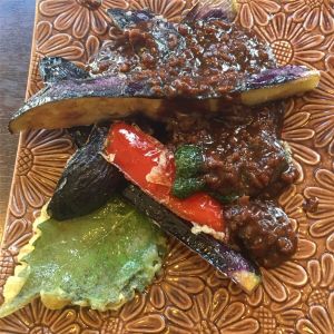 Eggplant and veggies with soy meat in miso sauce at Yamamotoya in Nagoya