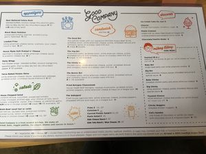 Menu, with clearly labeled vegetarian, vegan, and gluten free options. at Good Company in Cleveland
