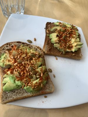 avocado and almond butter on toast  at World Peace Cafe in Sheffield