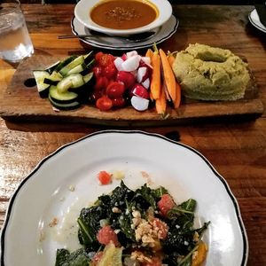 Apple Butternut Squash Soup, Edamame Hummus with Veggies, and Citrus Almond Salad at Wicked Sisters in Baltimore