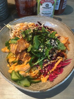 Vegan bibimbap with fake chicken  at 88 Market in Gothenburg