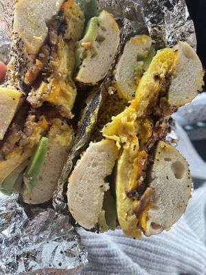 Everything bagel with egg, cheese , seitan and avocado so delicious vegan yumminess   at Roland Park Bagels in Baltimore
