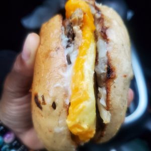 Just Egg and Cheese with hash brown, vegan tempeh bacon at Roland Park Bagels in Baltimore