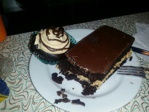 chocolate mocha cupcake and silly bonez -chocolate cake with creamy peanut buttery center. both gluten free at Sticky Fingers Bakery in Washington