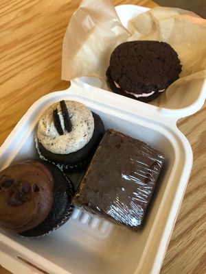 Chocolate Cupcakes, Brownie, Chocolate Strawberry Cookie Sandwich at Sticky Fingers Bakery in Washington