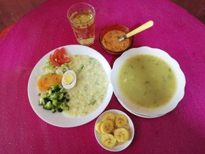 Puré de papas con ensaladas, crema de sambo, té cedrón con hierba luisa, postre maqueño en almíbar Antepara E3-24 y Pedro Fermin Cevallos SAN BLAS reservaciones 0963248881 bue at Inti-Mikuna in Quito