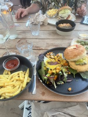 Burger and salad - had to order chips on side   at La Más Bonita in Valencia