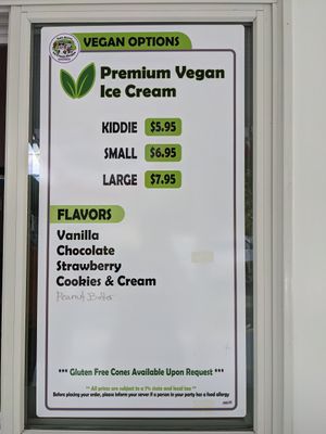 Separate vegan menu at Twin Acres Ice Cream Shoppe in Sandwich